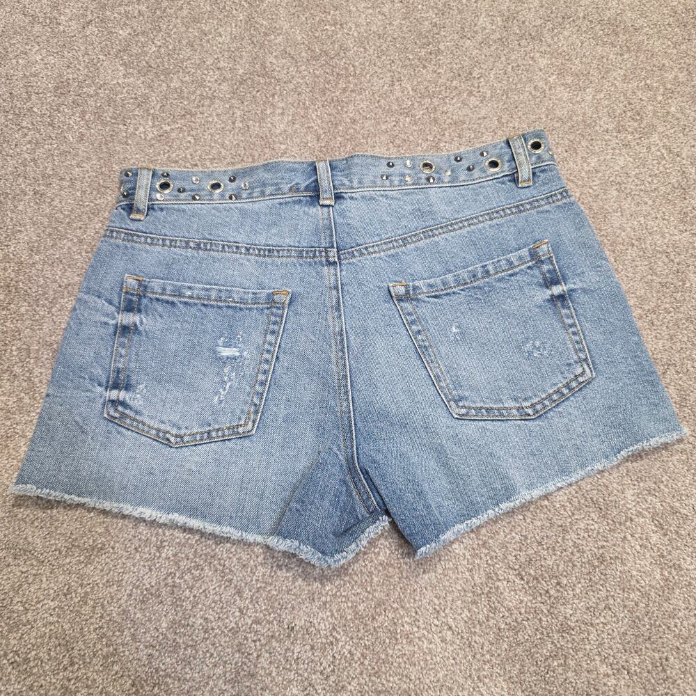 Indie Sleaze Y2k Blue Revival Studded Grommet Distressed Denim Shorts size 26